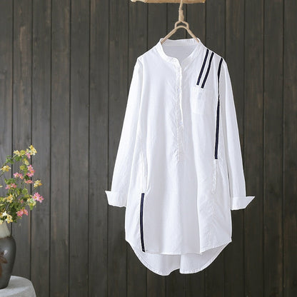 Women Cotton Blouse Long Sleeve Stripe Shirt Office Lady Casual Wear Over-sized Loose Top