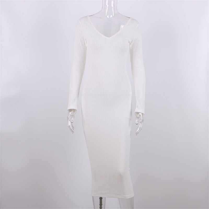 Sexy Bodycon Midi Woman Dress Knitted Long Sleeve V Neck Party Elegant Robe Women&