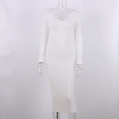 Sexy Bodycon Midi Woman Dress Knitted Long Sleeve V Neck Party Elegant Robe Women&