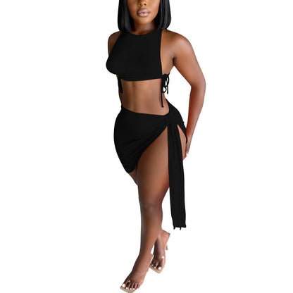 Knitted Ribbed Two Piece Set Bandage Crop Top Bodycon Mini Skirts Beachwear Outfits Summer