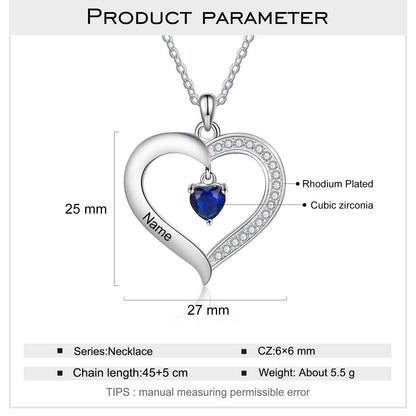 Personalized Heart Name Necklace with 1-8 Engraving Birthstone Pendant
