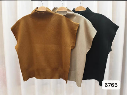 French Turtleneck Knitted Women Spring Summer Design Loose Short Sleeve Cropped Tops Female