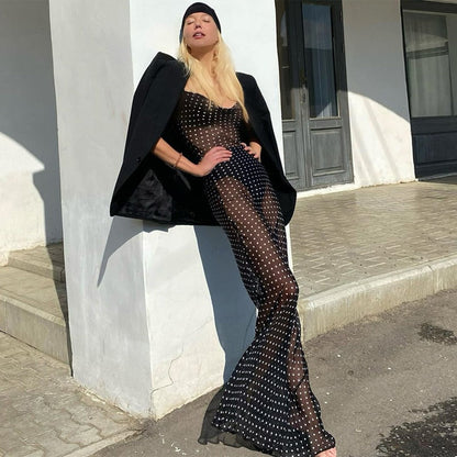 Sleeveless Zip Up Bandage Point Print Mesh See-Through Maxi Dress Sexy Clothings