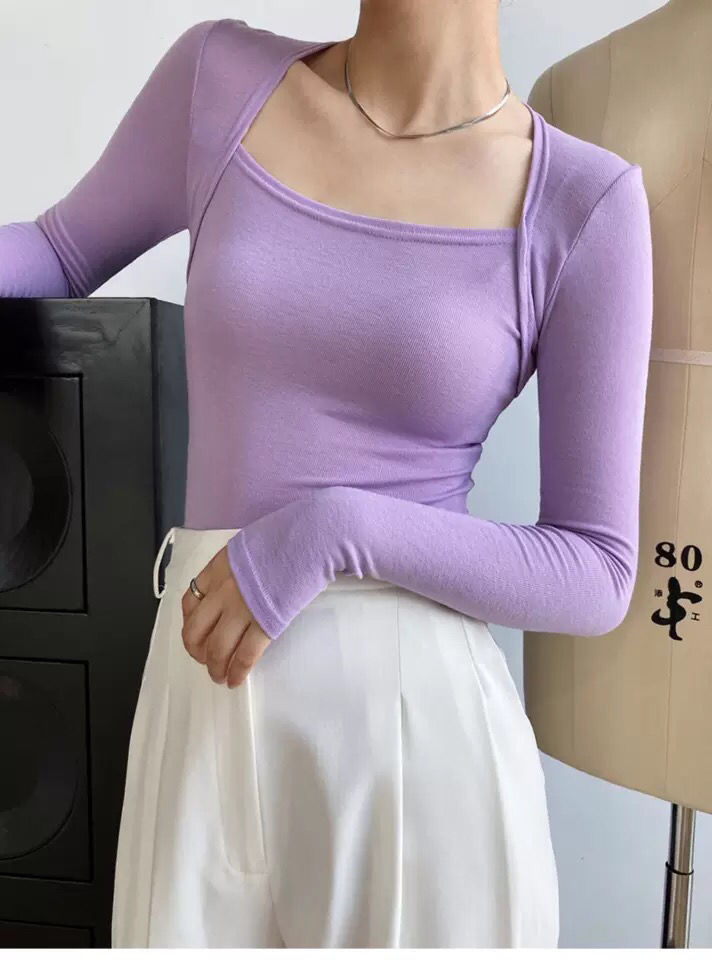 Long Sleeve Tops Women Candy Color Fake Two Piece Skinny T-shirts Female