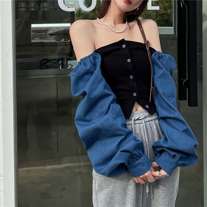 Patchwork Denim Shirts Women French Square Collar Puff Blouses Long Sleeve Crop Tops