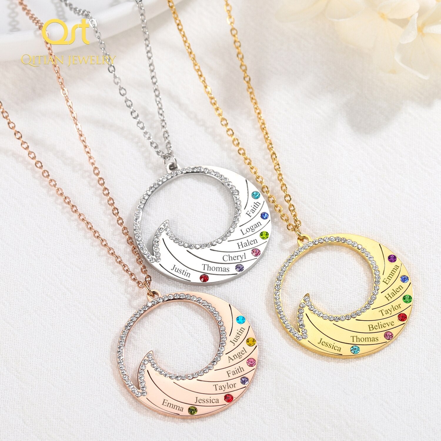 Personalized Name Necklace Pendant For Women Birthstone Crystal Necklaces Wave