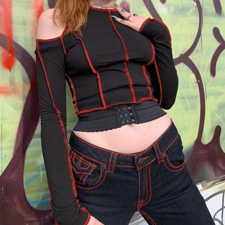 Goth Hollow Out Fashion Tshirt Women Long Sleeve Crop Top T Shirt Punk Streetwear Gothic Tee