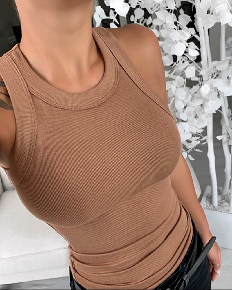 Women Solid Round Neck Ribbed Tank Top Camisole Women Summer Basic Elastic Tank Top
