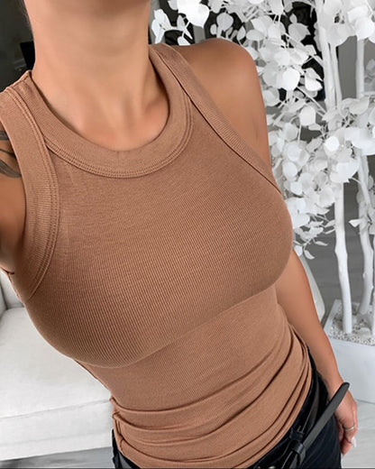 Women Solid Round Neck Ribbed Tank Top Camisole Women Summer Basic Elastic Tank Top