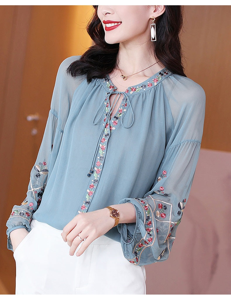 Chiffon Embroidery Blouse Long Lantern Sleeve Loose Top Casual Wear Oversize Casual Wear
