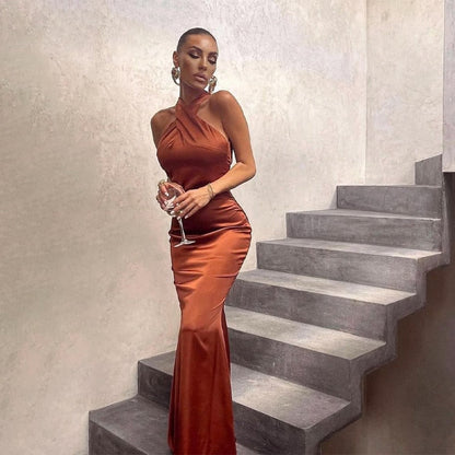 Solid Satin Halter Sleeveless Slim Bodycon Maxi Dress