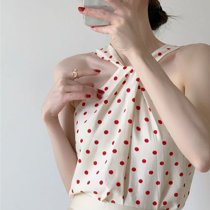 Backless Camis Women Summer Polka Dot Twist Halterneck Vest Female Casual Chiffon Tops