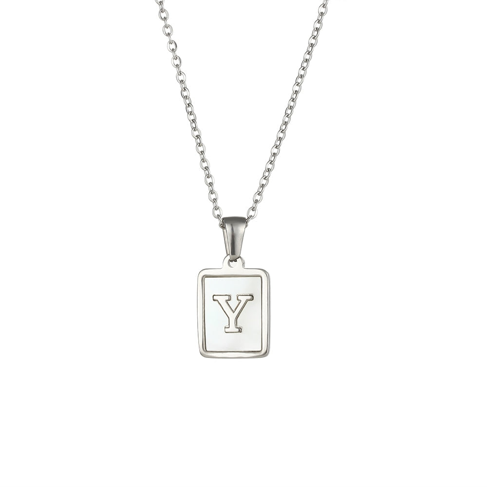 18K Golden Chain Necklaces Male Square Natural Shell Initial Letters Pendant Stainless Steel Jewelry
