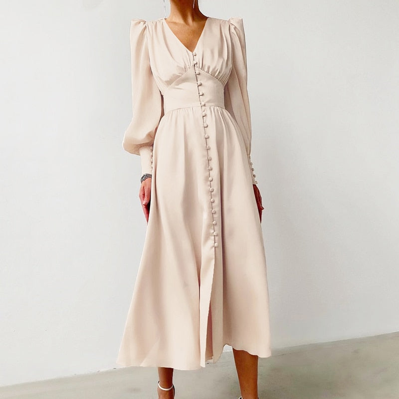 Single Breasted Dress High Waist Satin Long Dress V Neck Women Midi Dresses Lantern Sleeve