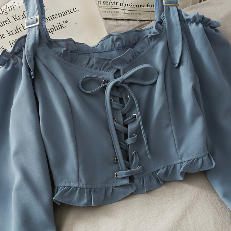 French Bandage Off Shoulder Ruffle Top Female Elegant Long Sleeve Shirt Y2k
