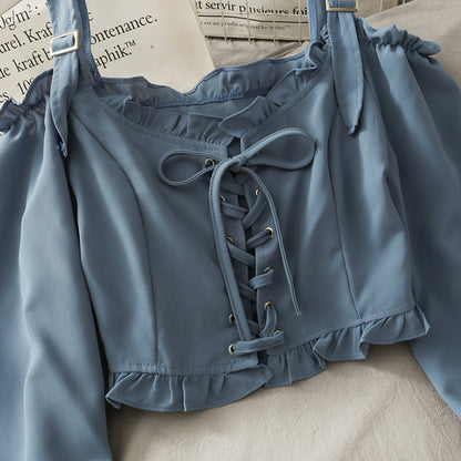 French Bandage Off Shoulder Ruffle Top Female Elegant Long Sleeve Shirt Y2k