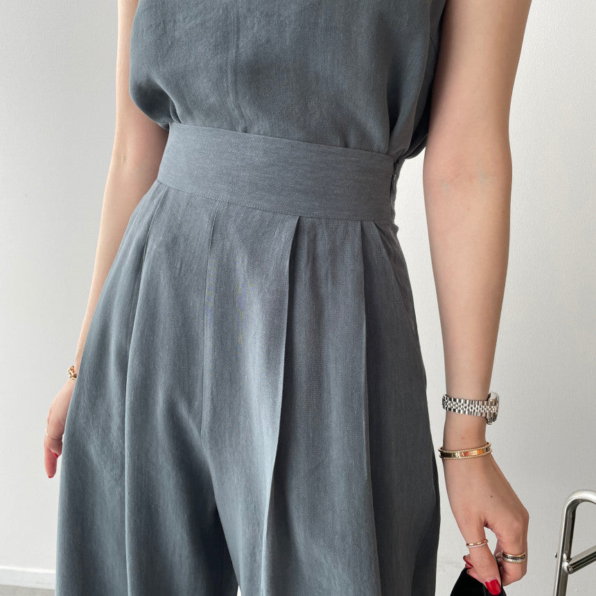 Office Ladies 2-Piece Women Square Neck Loose Vest Top + High Waist Pleated Wide Leg Pants