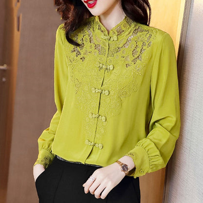Embroidery Hollow Blouse Women Long Sleeve Imitation Silk Top Loose Vintage Shirt Plus Size