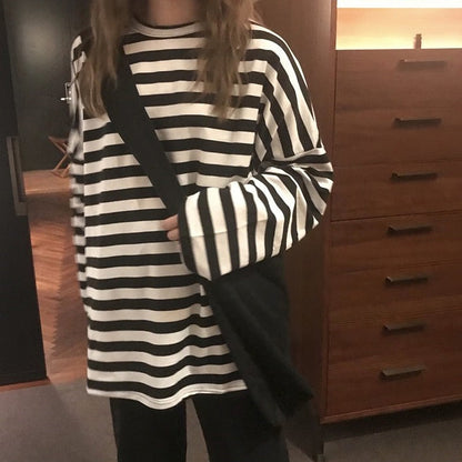 Women harajuku Striped Tshirt Long Sleeve O-Neck T-Shirts Casual oversized T Shirt