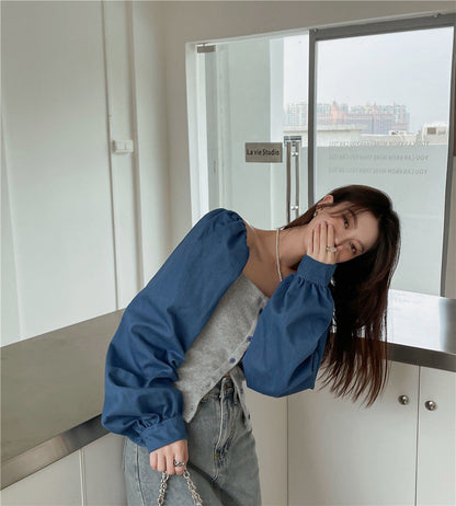 Patchwork Denim Shirts Women French Square Collar Puff Blouses Long Sleeve Crop Tops