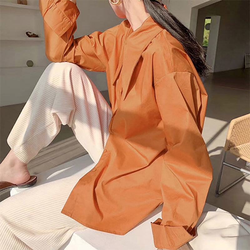 Big Pointed Collar White Blouses For Women Vintage Loose Long Sleeve Shirt