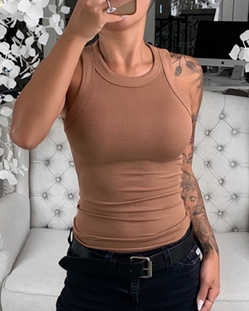 Women Solid Round Neck Ribbed Tank Top Camisole Women Summer Basic Elastic Tank Top