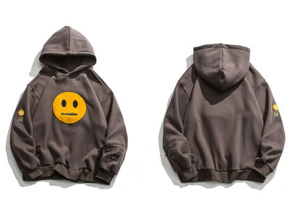 Zipper Pocket Smile Face Patchwork Fleece Hoodies Sweatshirts Streetwear
