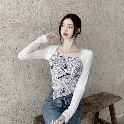 Letter Printed T-shirt Women Fake Two-piece Sexy Slim Long Sleeved Tops Female Cropped Tops