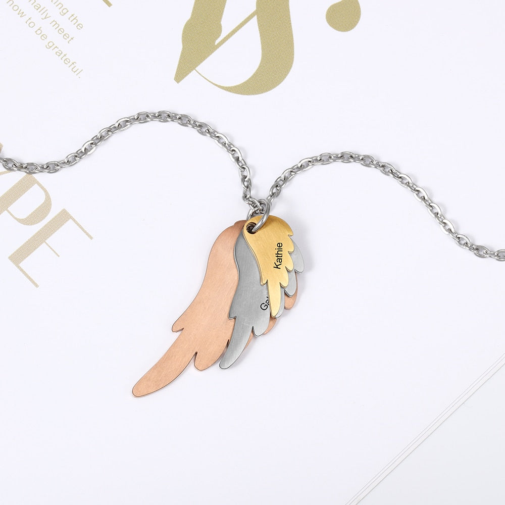 Wings Necklace with 3 Names Mixed Steel &amp; Rose Gold &amp; Gold Color Custom Family Necklace