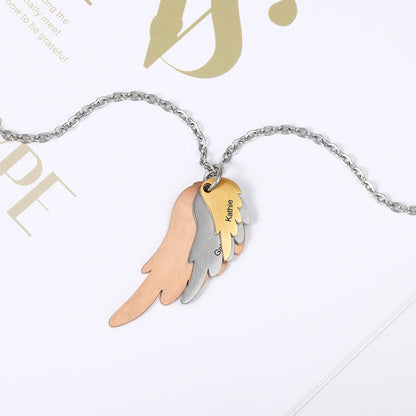 Wings Necklace with 3 Names Mixed Steel &amp; Rose Gold &amp; Gold Color Custom Family Necklace