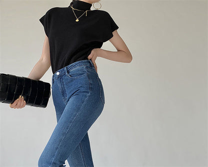 French Turtleneck Knitted Women Spring Summer Design Loose Short Sleeve Cropped Tops Female