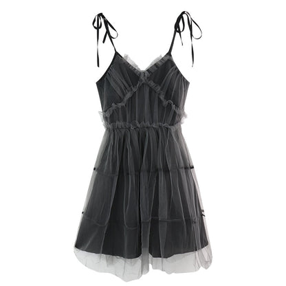 Dark Gothic Harajuku Dress Women Vintage Mesh Patchwork Lace Up High Waist Dress
