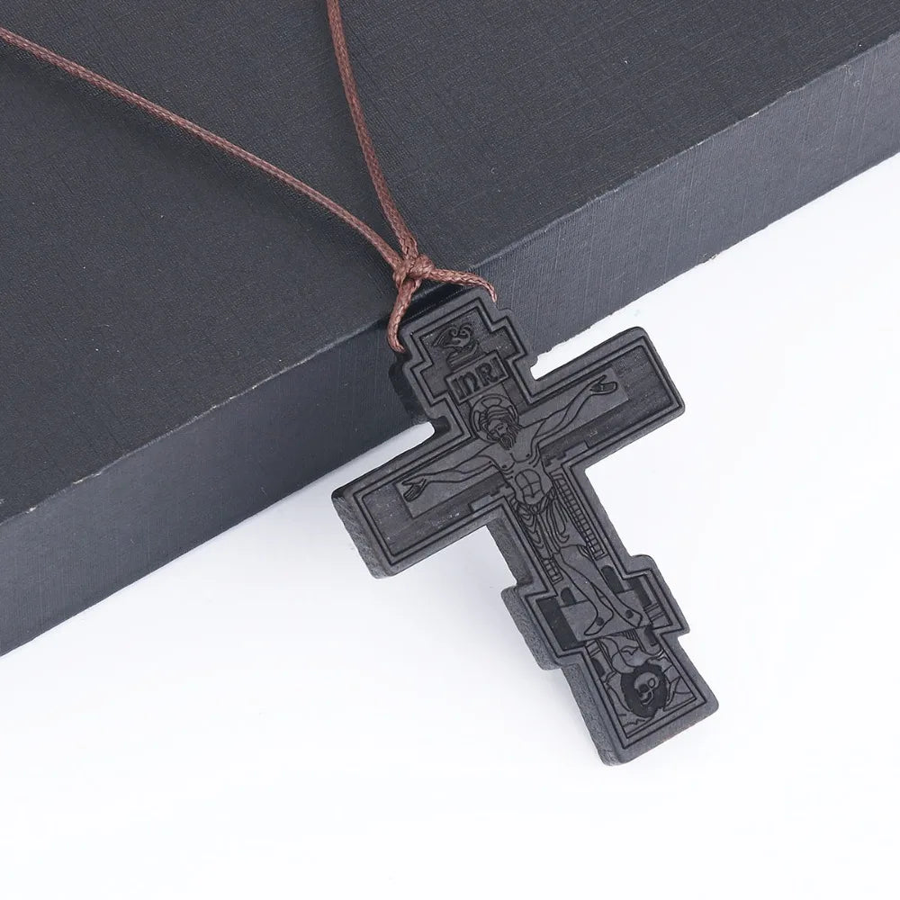 INRI red and black wood cross necklace rope chain religious
