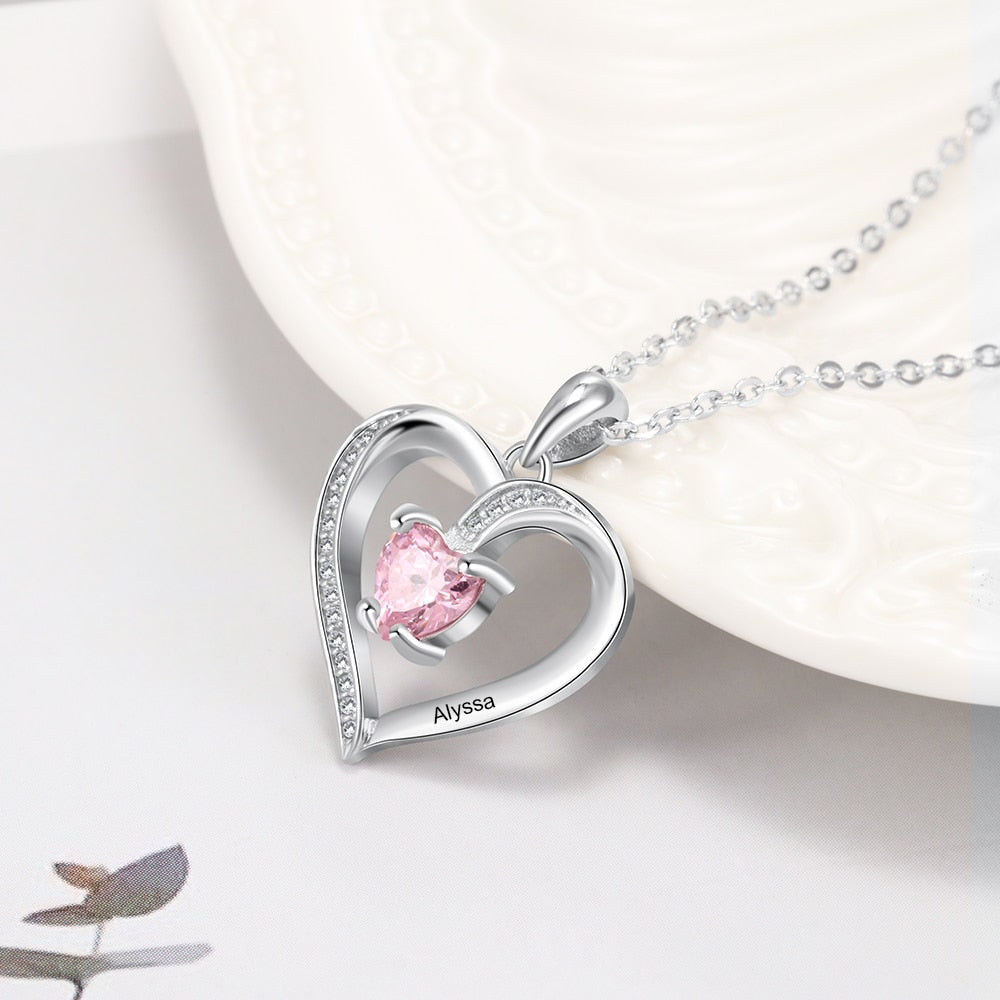 Engrave Name Heart Pendants with Customize Birthstone Necklace