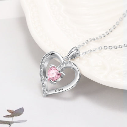 Engrave Name Heart Pendants with Customize Birthstone Necklace
