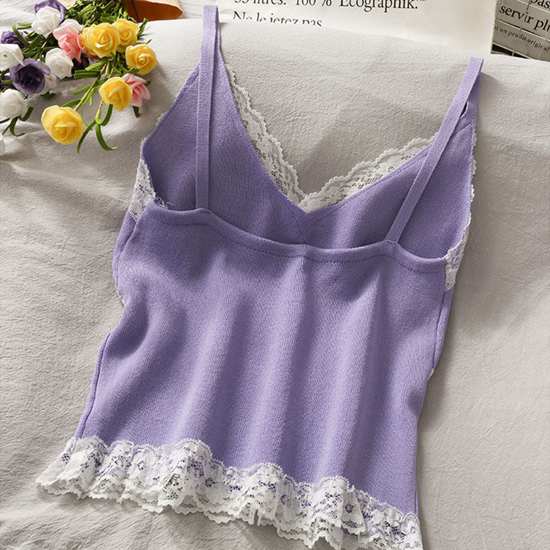 Lace Cami Y2k Tank Top Female V Neck Sleeveless Sexy Blouse Cropped Camisole Knitwear