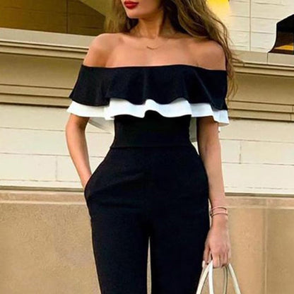 Women Off Shoulder Colorblock Ruffles Bodycon Skinny Streetwear Slim Fit Black Jumpsuits