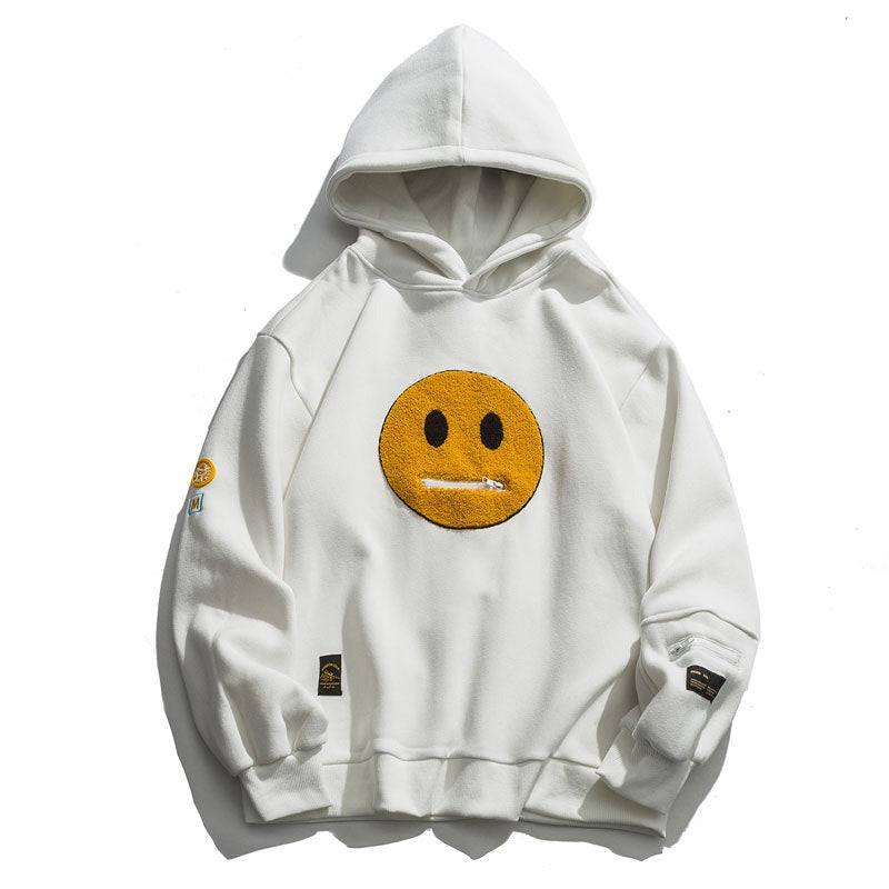 Zipper Pocket Smile Face Patchwork Fleece Hoodies Sweatshirts Streetwear