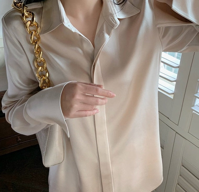 Full Sleeve Ladies Satin Blouses Blusas Single-breasted Loose Women Shirts
