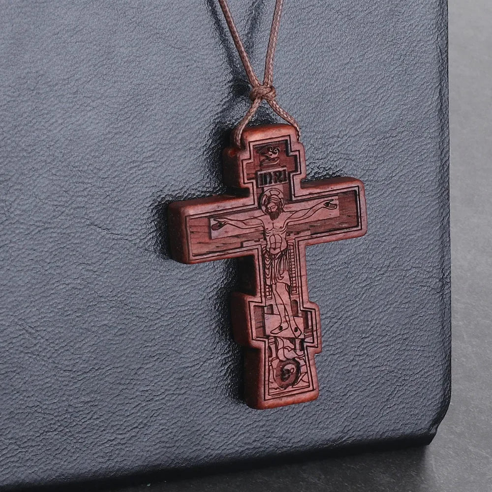 INRI red and black wood cross necklace rope chain religious