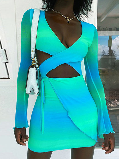 Sexy Tie Dye Bodycon Mini Dress Women Hollow Out Long Sleeve Mesh Skinny Summer 2022