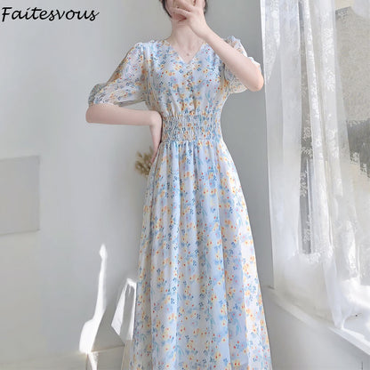 V-neck Chiffon Floral Dress Women Spring Summer Fairy Long Dresses Female
