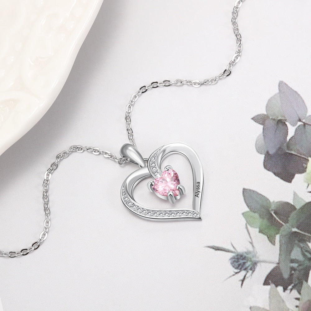 Engrave Name Heart Pendants with Customize Birthstone Necklace