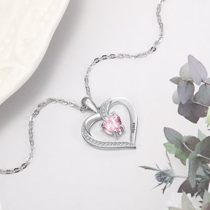 Engrave Name Heart Pendants with Customize Birthstone Necklace