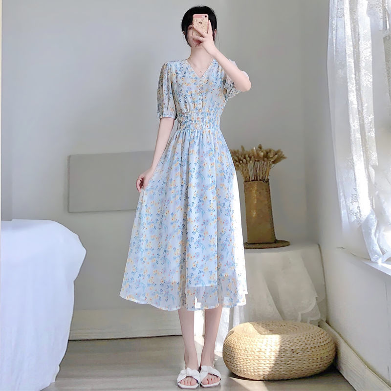 V-neck Chiffon Floral Dress Women Spring Summer Fairy Long Dresses Female