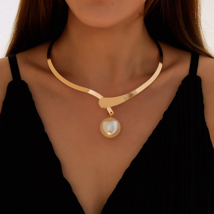 Water-wave Pearl Necklace For Women Charming Big Metal Geometric Statement Collar Necklace
