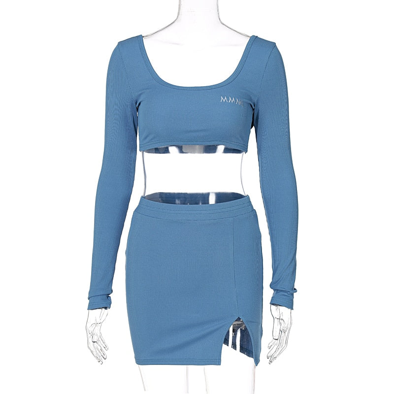 Long Sleeves Solid Navel Low Neck Bodycon Top Sexy Mini Dress Set
