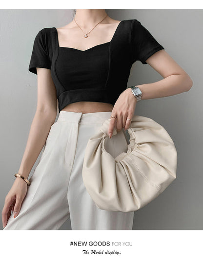 French Clavicle Square Collar Tops Women High Waist Croped Top Short Sleeve T-shirt Female