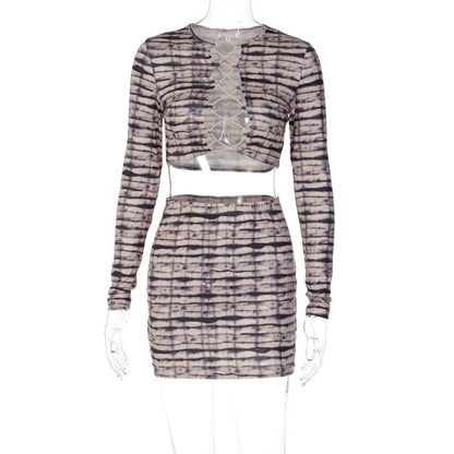 Print Satin Long Sleeve Bandage Crop Top Mini Dress 2 Pieces Set
