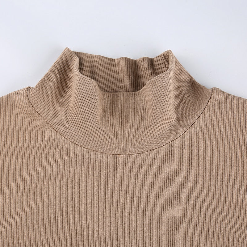Solid Turtleneck Cropped T Shirt Women Autumn Casual Long Sleeve Ladies Skinny Basic